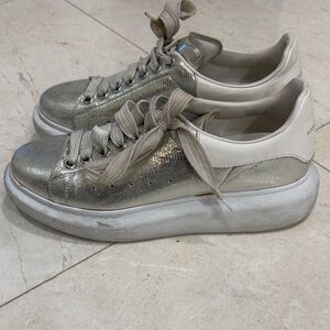 Alexander McQueen Silver and White Lace-Up Sneakers